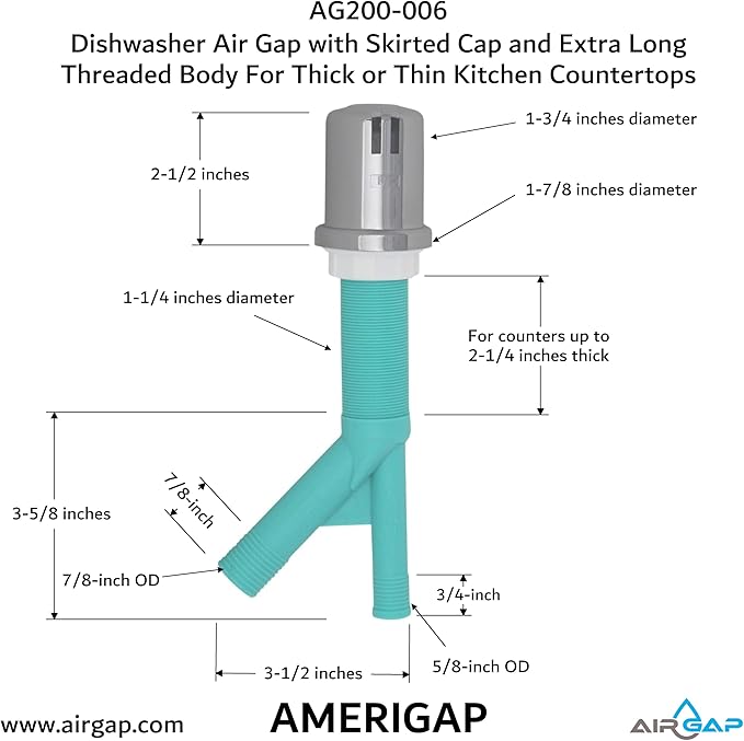 Dishwasher Air Gap with Skirted Cap and Extra Long Threaded Body for Thick or Thin Kitchen Countertops (AG200-006, AG200-003, 52, AMERIGAP)