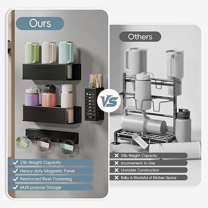 Magnetic Cup Holder for Fridge for 20/30/40 oz Stanley Tumblers Water Bottle Holders & Lid Hook Organizers with Straw Accessories Storage (3 Cups, 5 Hooks)