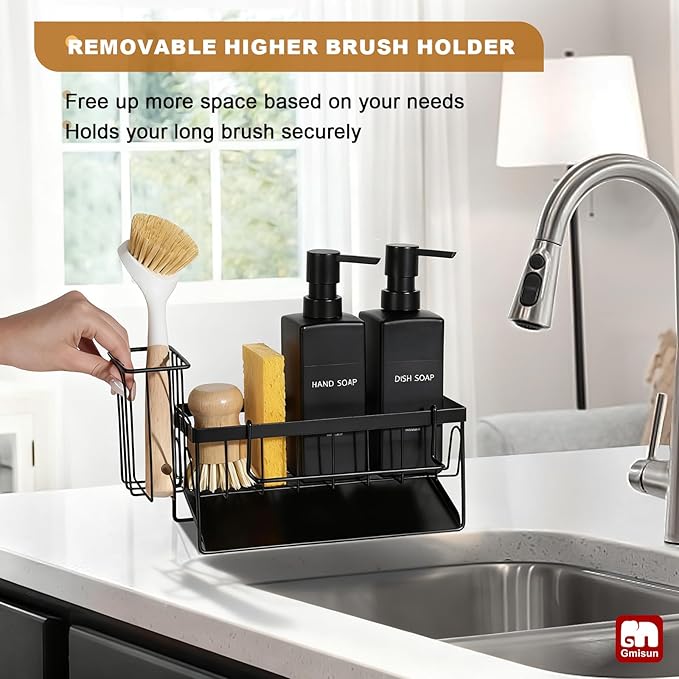 GMISUN Dish Soap Dispenser, 12 fl oz / 350 ml Dual Kitchen Soap Dispensers with Sponge Holder, Customized Matte Black Kitchen Soap Dispenser Set, Modern Hand and Dish Soap Bottle Set Removable