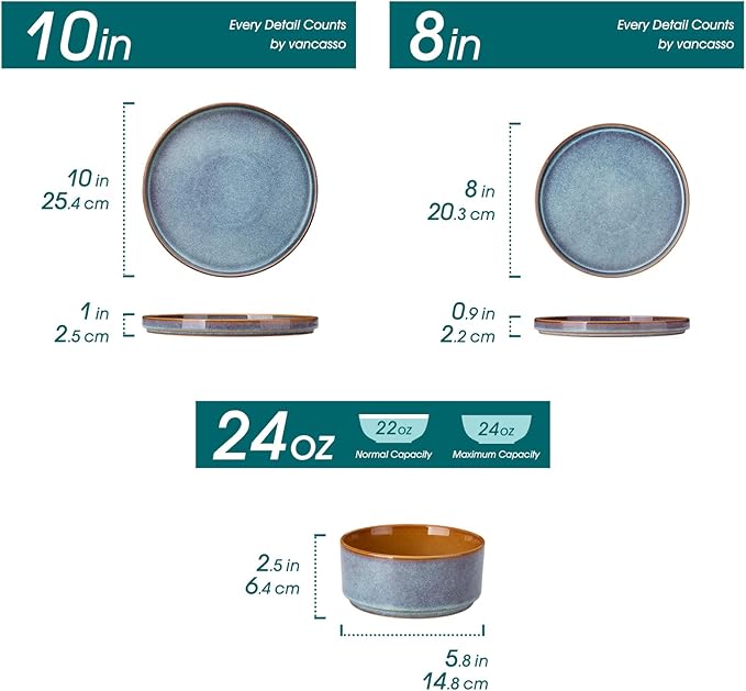 vancasso ONION Ceramic Plates and Bowls Sets, 24 Pieces Blue Dinnerware Sets for Kitchen, Reactive Glaze Dishes Set for 8, Dishwasher and Microwave Safe