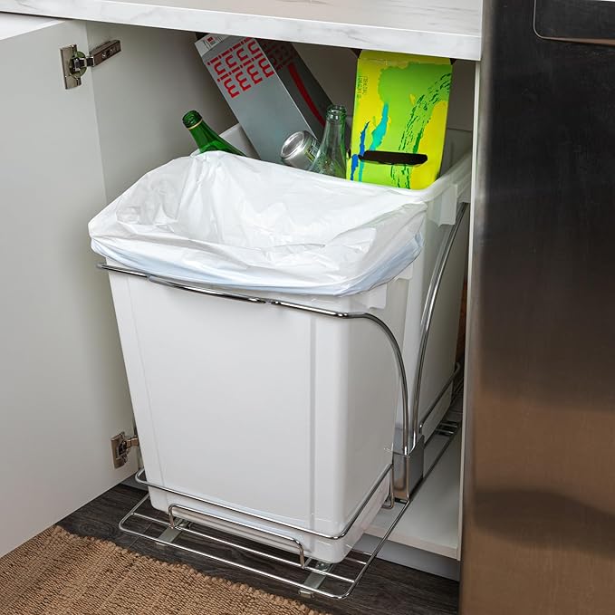 Household Essentials Glidez Chrome-Plated Steel Pull-Out/Slide-Out Discreet Double 9 Gallon Plastic Trash Cans and Recycling Bins for Under Cabinet Use - Fits Standard Size Cabinet, Chrome and White