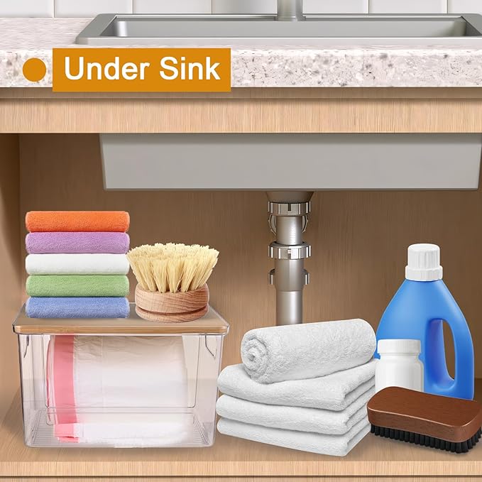 2 PCS Trash Bag Holder Dispenser Under Sink, Extra Large Garbage Bag Holder Organizer with Bamboo Top & Handles