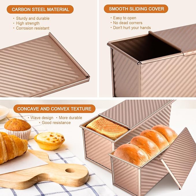 2Pack Large Bread Pan with Lids – 2.2LB Dough Capacity, Non-Stick Carbon Steel Bread Pans for Homemade Sandwich and Sourdough Bread, Corrugated Toast Mold(Gold)