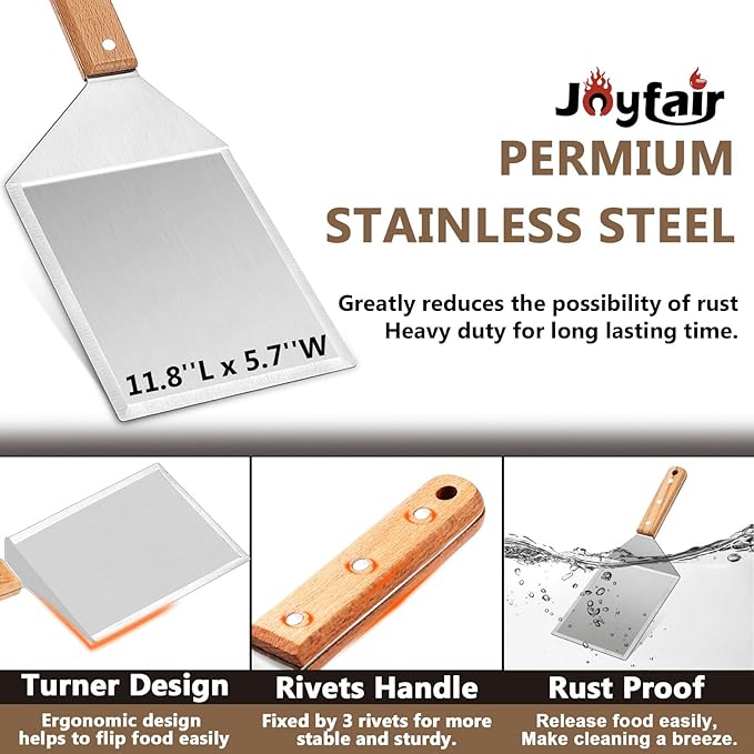 Griddle Accessories Smash Burger Kit (5Pcs), Joyfair Grill Spatula with 9in Melting Dome & Bacon Press Set, Stainless Steel Turner, Basting Cover, Cast Iron Press for Outdoor BBQ (Wooden Handle)