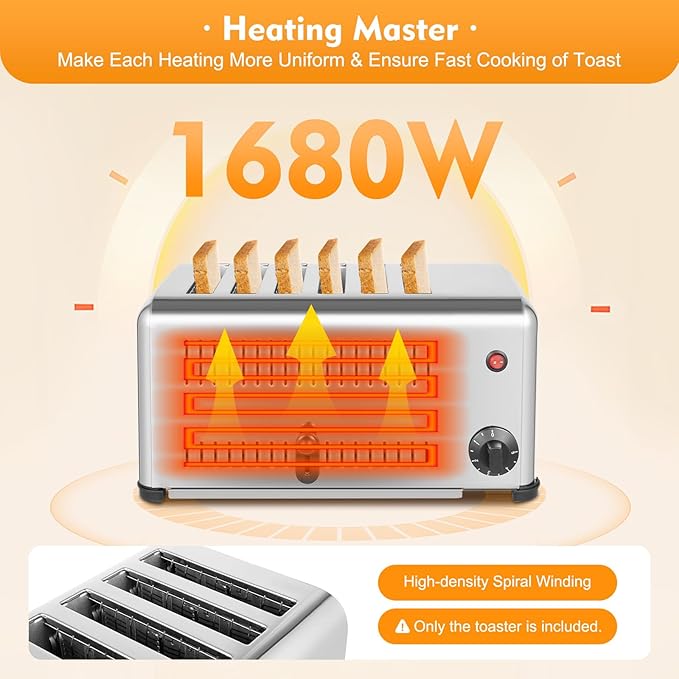 Electric 6 Slice Toaster, 1680W Stainless Steel Commercial Toaster with 6 Wide Slot, 1-5 Minute Timer Bread Baking Machine with Crumb Tray or Home Bakery Restaurant Dessert Store
