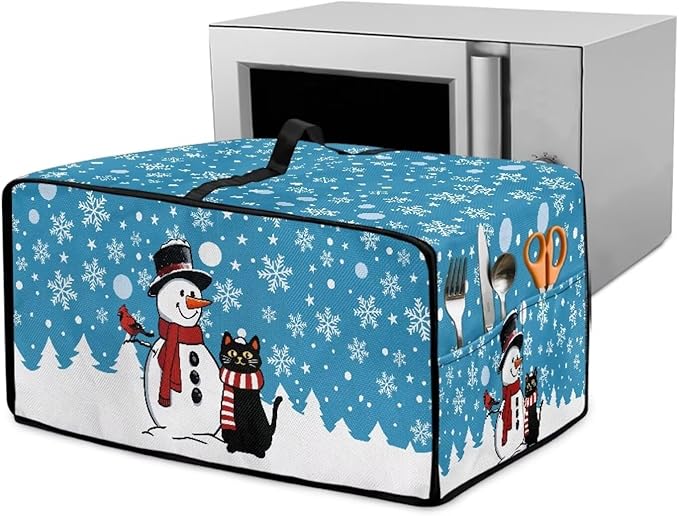 Microwave Oven Cover Air Fryer Toaster Oven Dust Cover, Stain-resistant Small Electric Appliance Protector, L, Snowman Black Cat Snowflake Blue Christmas Decorations