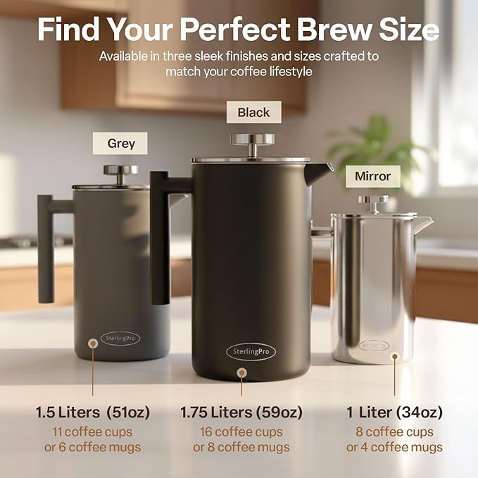 SterlingPro Stainless Steel French Press Coffee Maker 1.5 L (51 oz) Black – Double Walled Insulated Large Coffee Press, Durable Design Keeps Drinks Hot, Easy to Use and Clean for Rich Flavor Brewing