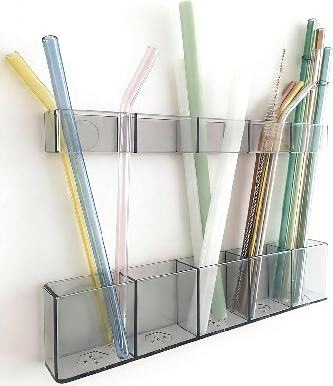 Acrylic Straw Holder for Cabinet Door - Child-Safe Organizer & Dispenser with Smooth Rounded Edges for Kitchen Accessories Storage, Adhesive Circles Included (Dark Transparent)