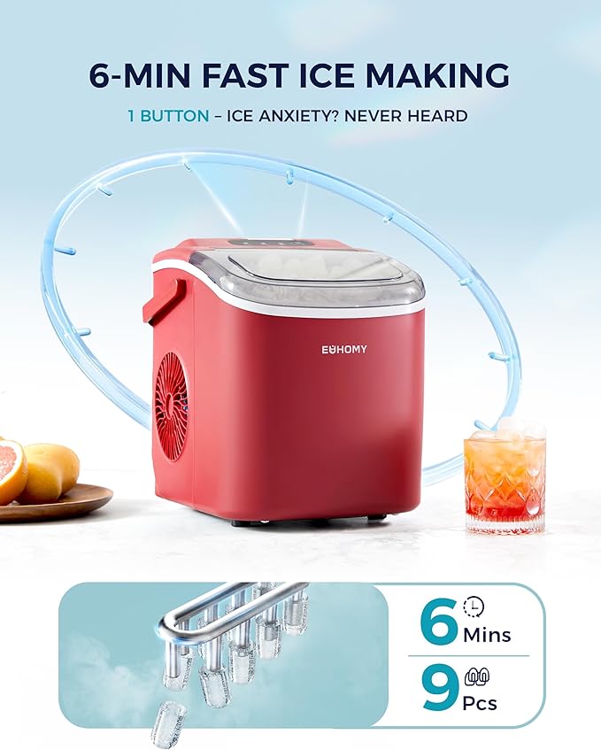 EUHOMY Countertop Ice Maker Machine with Handle, 26lbs Per Day, 9 Ice Cubes Ready in 6 Mins, Auto-Cleaning Portable Ice Maker with Basket and Scoop, for Home/Kitchen/Camping/RV (Red)