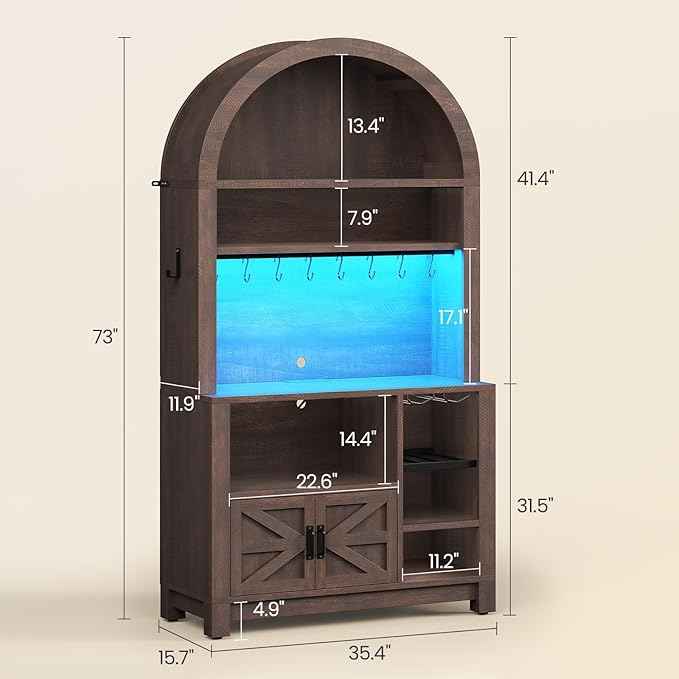 Itaar 73" Tall Arched Bakers Rack with Power Outlet and LED Light, Farmhouse Coffee Bar Cabinet, Kitchen Microwave Stand with Storage for Kitchen, Dining Room, Living Room, Brown