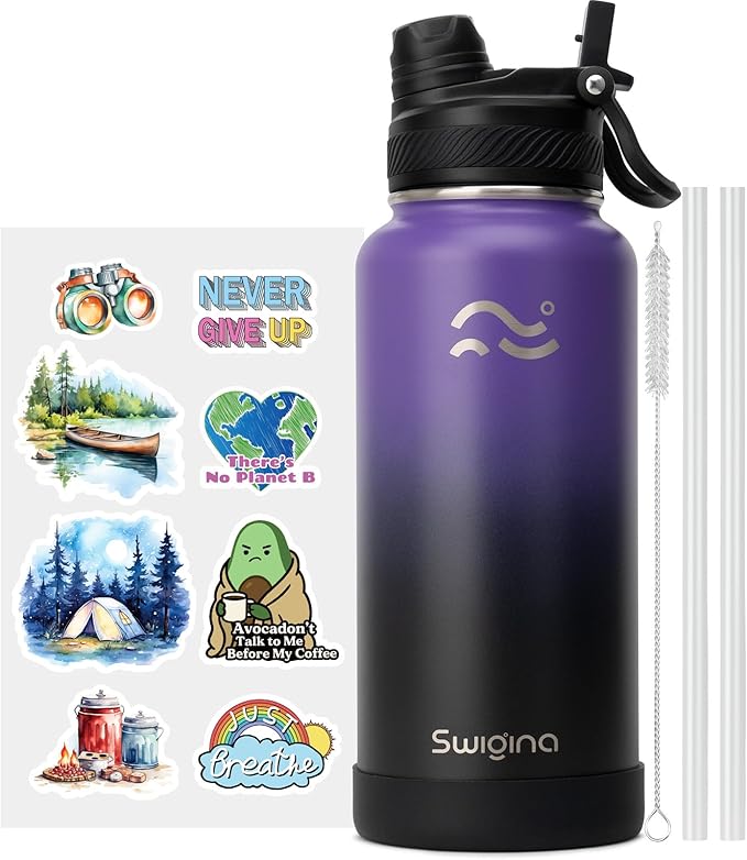 Swigina [2-IN-1 LID] Insulated Water Bottle with Silicone Boot (36hrs Cold/18hrs Hot) - DIY Stickers, Leakproof, BPA Free, 32 oz