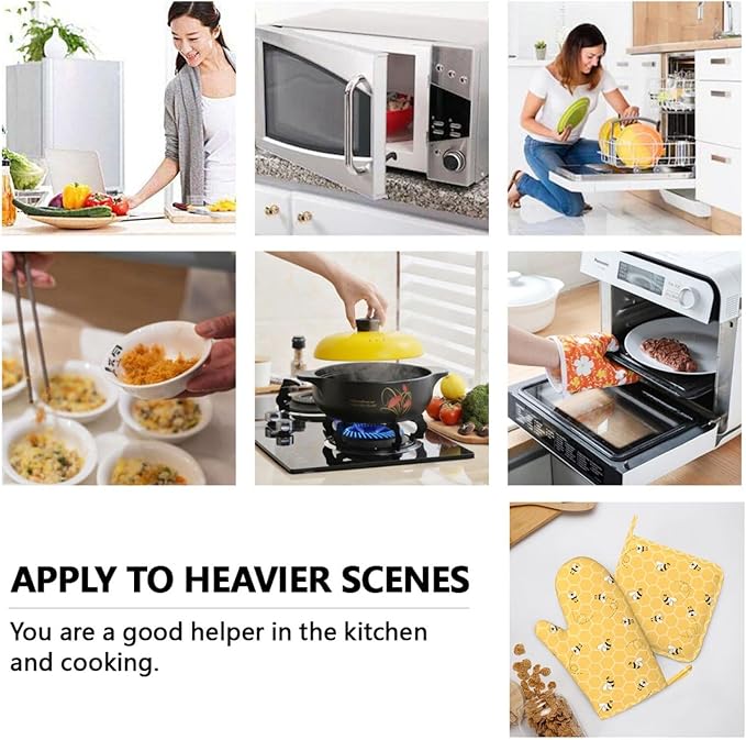Yellow Honey Honeycomb Cute Bee Oven Mitts And Pot Holders Set Of 4 Silicone Heat Resistant Oven Mitten Potholders Non Slip Gloves Kitchen Decor For Bbq Cooking Grilling Baking