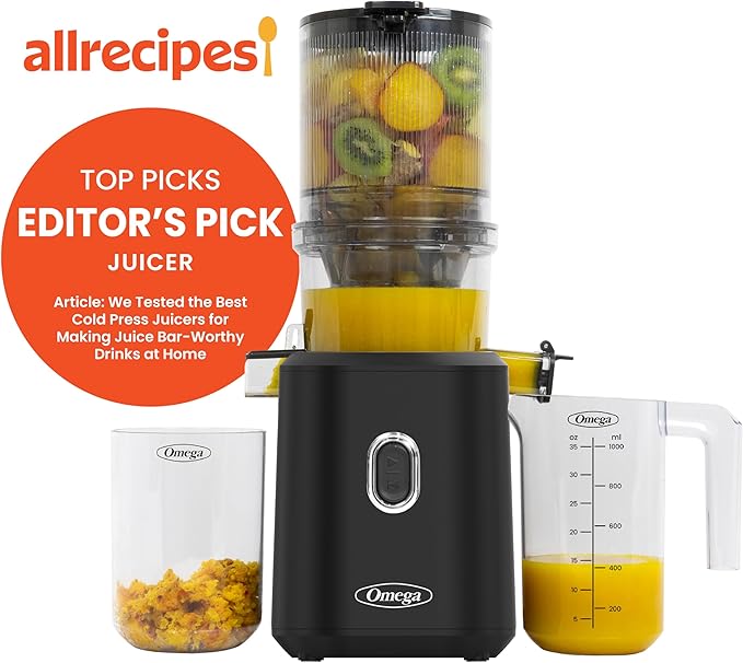 Omega Cold Press Juicer – Slow Masticating Hands Free Juicer Machine for Vegetables and Fruits with Wide Mouth Hopper for Whole Recipe Batch Juicing, Time Saving Series, Easy to Clean, 150-Watt Motor