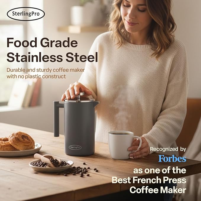 SterlingPro Stainless Steel French Press Coffee Maker 1.5 L (51 oz) Grey – Double Walled Insulated Large Coffee Press, Durable Design Keeps Drinks Hot, Easy to Use and Clean for Rich Flavor Brewing