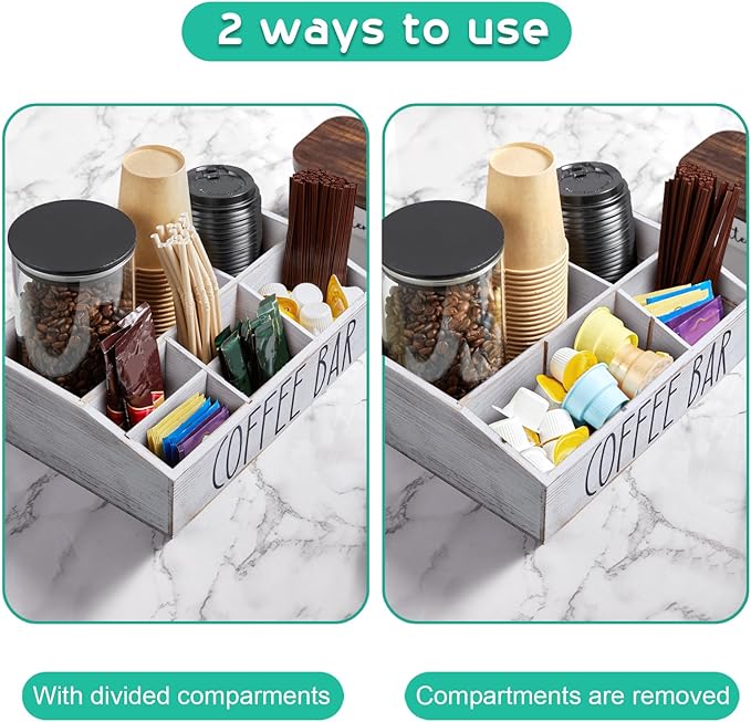 ALELION White Coffee Station Organizer for Countertop - 7 Compartments Rustic Coffee Bar Accessories and Organizer with Removable Dividers
