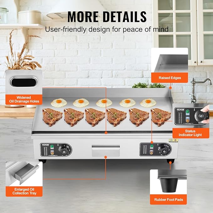 VEVOR Upgraded Commercial Electric Griddle, 2800W Stainless Steel Countertop Flat Top Grill, 26'' Griddle Grill with 2 Shovels and 2 Brushes, 122℉-572 ℉ Adjustable Temp, for Home Restaurant(No Plug)