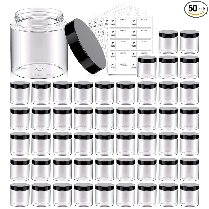 50 Pack 4 OZ Plastic Jars Round Clear Cosmetic Container with Black Lids, Eternal Moment Slime Jars for Lotion, Cream, Ointments, Makeup, Eye shadow, Rhinestone, Samples, Pot, Travel Storage