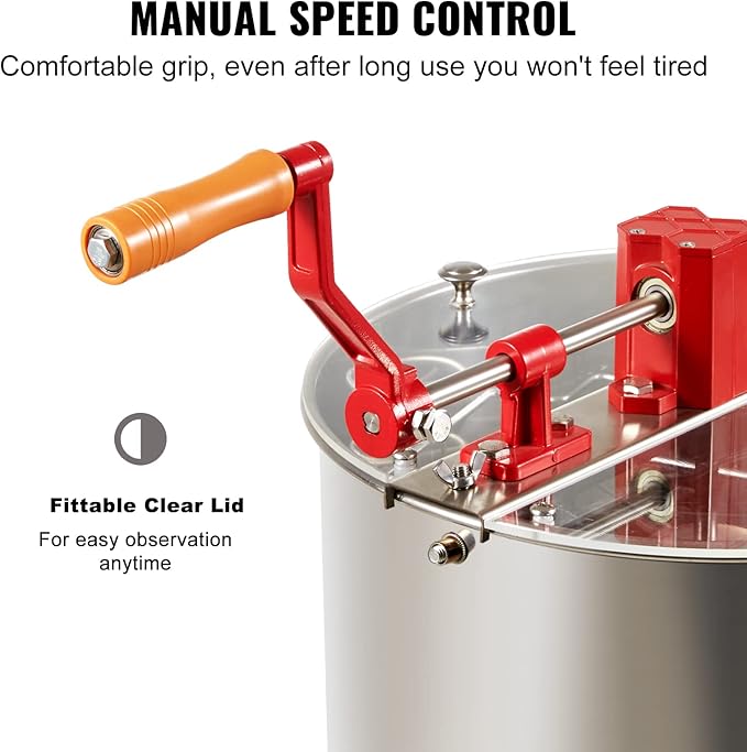 VEVOR 3 Frame Honey Extractor, Stainless Steel Manual Beekeeping Extraction, Honeycomb Drum Spinner with Transparent Lid, Apiary Centrifuge Equipment with Height Adjustable Stand