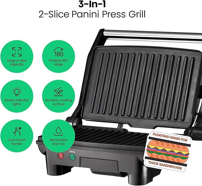 Chefman Electric Panini Press Grill,Compact 2-Slice Sandwich Maker,Non-Stick Coated Plates,Opens 180 Degrees,Dishwasher Safe,Removable Drip Tray,Stainless Steel/Black,(Pack of 4)