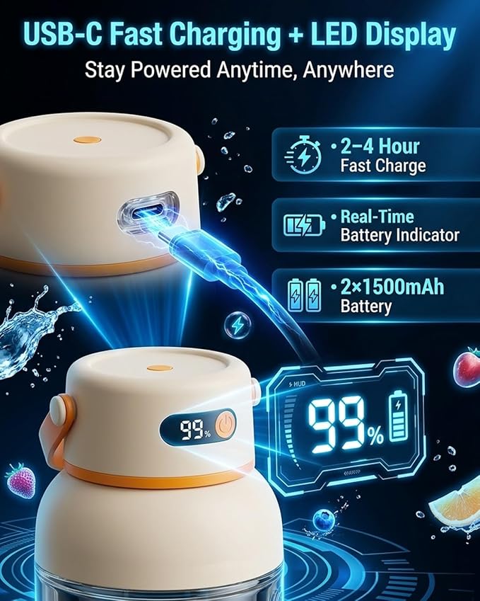 Portable Electric Juicer Cup with Zero Cord Hassle, Cordless USB-C Rechargeable, Leakproof Lid with Sip Spout, High Speed Motor for Smoothies and Shakes for Home Gym Office Travel Outdoor