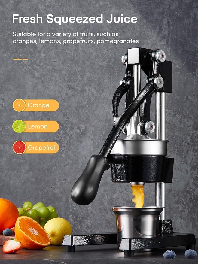 FOHERE Orange Juicer Squeezer, Cast Iron Lemon Squeezer, Commercial Citrus Juicer Hand Press for Orange, Lemon, Pomegranate, Grapefruit, Easy to Clean Citrus Squeezer with a Stainless Steel Cup