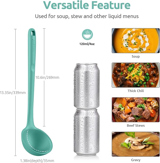 U-Taste 10 Piece Measuring Cups and Spoons Set in 18/8 Stainless Steel, and 600ºF Heat Resistant 13 inch Large Non-Stick Silicone Soup Ladle (Aqua Sky)