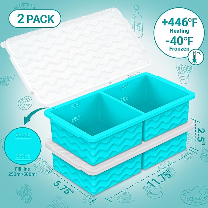 Aopigavi Silicone Freezer Tray with Lid – 2-Cup Soup Freezer Container Molds, Large Ice Cube Trays for Freezing Soup, Sauce & Broth, Meal Prep & Food Storage – Oven & Dishwasher Safe, 4-Pack 4 Color