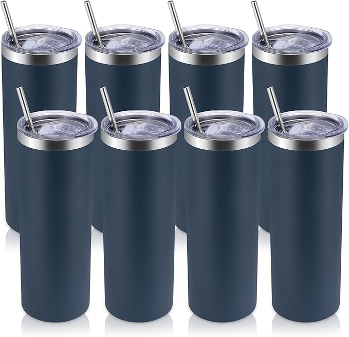 Volhoply 8 Pack Skinny Tumblers with Lid and Straw, 20oz Stainless Steel Straight Tumbler Bulk, Vacuum Insulated Coffee Mug for Home, Office, Travel, DIY (Navy,8 Pack)