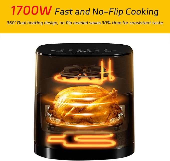 6Qt Air Fryer 14-in-1 with Viewing Window, Large Capacity, 392℉ Max Crisp, No Flipping Dual Heating, 1700W Fast Even Cooking, Nonstick Dishwasher Safe Basket, Bake Roast Dehydrate Reheat