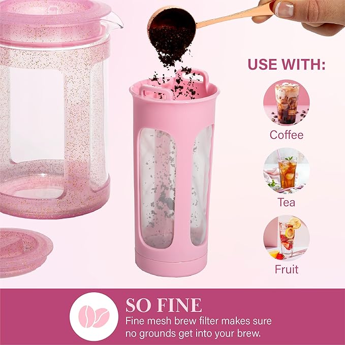 Paris Hilton Cold Brew Coffee Maker, Durable 1.6 Quart Borosilicate Glass Carafe with Stainless Steel Filter, Glitter Pink, 38 oz