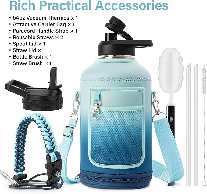 DYSANKY Insulated Water Bottle | Thickened Stainless Steel Vacuum Metal | Portable Sports Half Gallon Large Water Jug for Gym and Hiking with Straw, Carrier Bag, Handle Strap | BPA-Free 64 oz