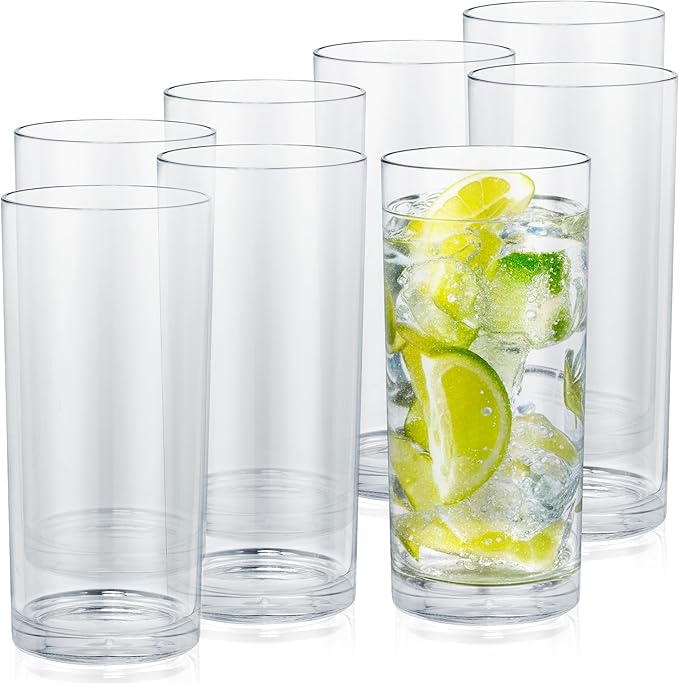 Zulay Kitchen Plastic Drinking Glasses (Set of 8) – 16oz Acrylic Shatterproof Water Cups for Home, Kitchen & Outdoors – Crystal Clear Glass Look – BPA & Lead-Free – Top-Rack Dishwasher Safe