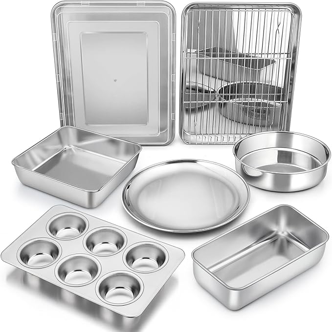 Bakeware Sets, P&P CHEF 9-Piece Stainless Steel Baking Pans Set, Round/Square Cake Pan, Toaster Oven Pan, Lasagna Pan, Loaf Pan, Pizza Pan, Muffin Pan, Dishwasher Safe & Durable, Healthy & Non-toxic