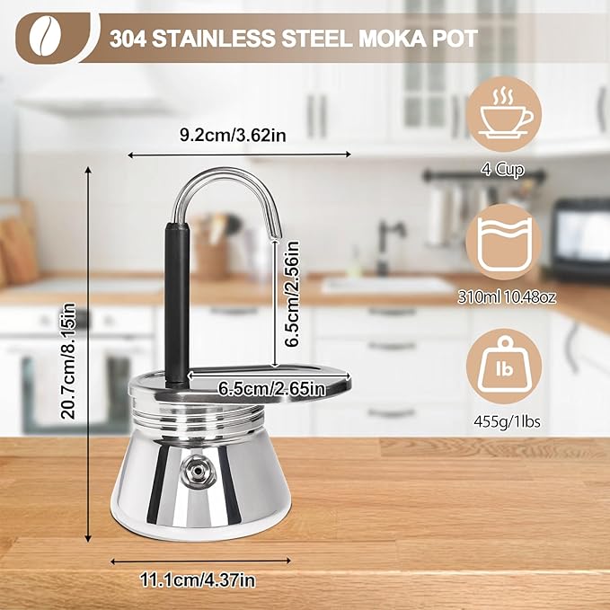 Uncoated 4 Cup Single Tube Moka Pot 304 Thickened Stainless Steel Mini Coffee Maker Stovetop Espresso Coffeemaker Italian Classic Style Brewing Greca Cafe Mocha for Camping Travel Home 310ml