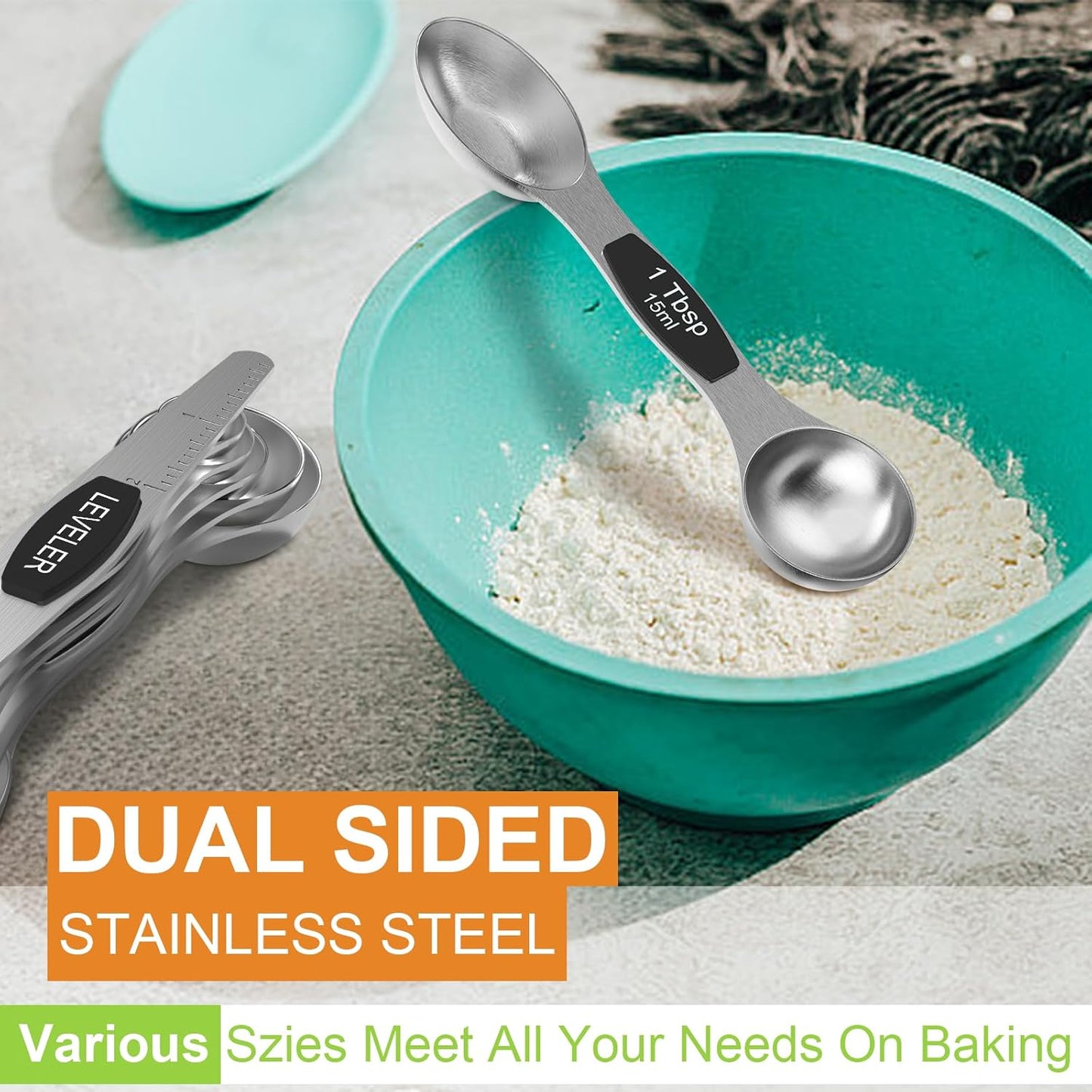 Magnetic Measuring Spoons Set - Wildone Stainless Steel Double Sided Measuring Spoons Set of 7 Black, for Dry & Liquid Ingredients, Including 6 Heavy Duty Nesting Spoons, 1 Leveler, Fits in Spice Jar
