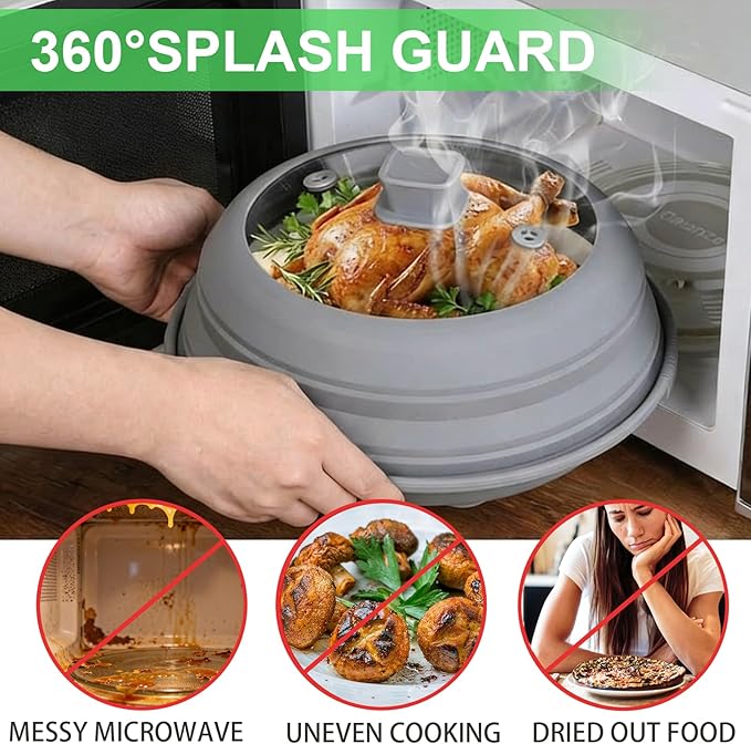 3 in 1 Microwave Splatter Glass Cover with Silicone Mat and Base Plate,BPA Free Collapsible Silicone Microwave Food Cover with Vent Hole and Anti-scald Silicone Handle,Dishwasher Safe (Small-Gray)