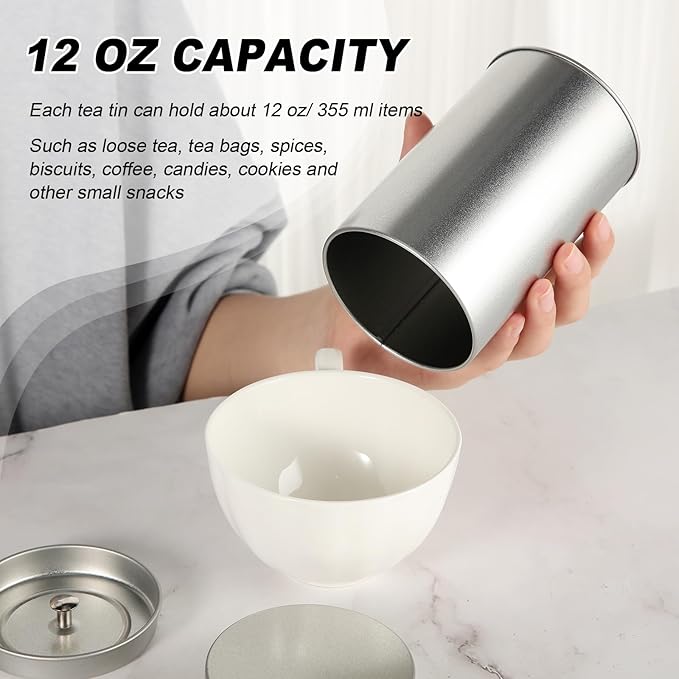 Zopeal 6 Pack Tea Tin Canister with Airtight Double Lids 12 oz Can Box Canister for Loose Leaf Tea Storage Bag Container Portable Small Kitchen for Coffee Sugar Pantry Camping, Silver