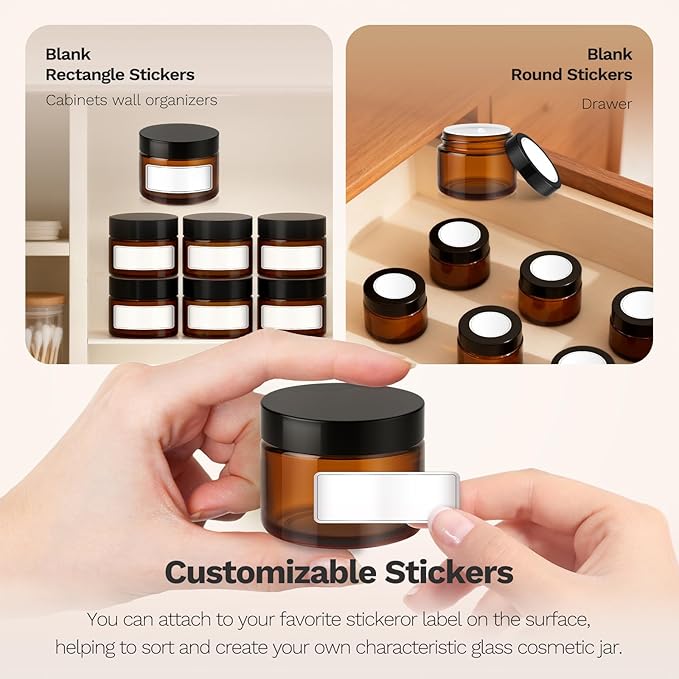 Bumobum 1 oz Amber Glass Jars with Lids, 105 pack Clear Small Jars with Black Lids, White Labels and Inner Liners, Empty Round Cosmetic Containers for Cream, Lotion (Amber 105 Pack)