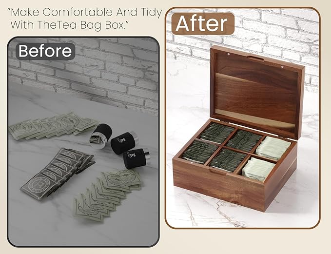 Acacia Wood Tea Bag Organizers, Tea and Sugar Packet Storage Chest with Lid, Wooden Teabag Holder Containers,Storage Box Teabox with 6 Compartments