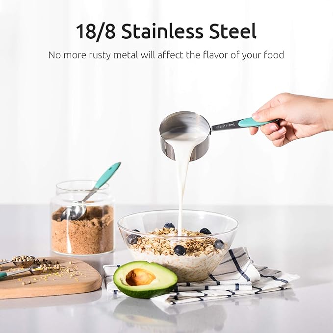 U-Taste 10 Piece Measuring Cups and Spoons Set in 18/8 Stainless Steel, and 600ºF Heat Resistant 13 inch Large Non-Stick Silicone Soup Ladle (Aqua Sky)
