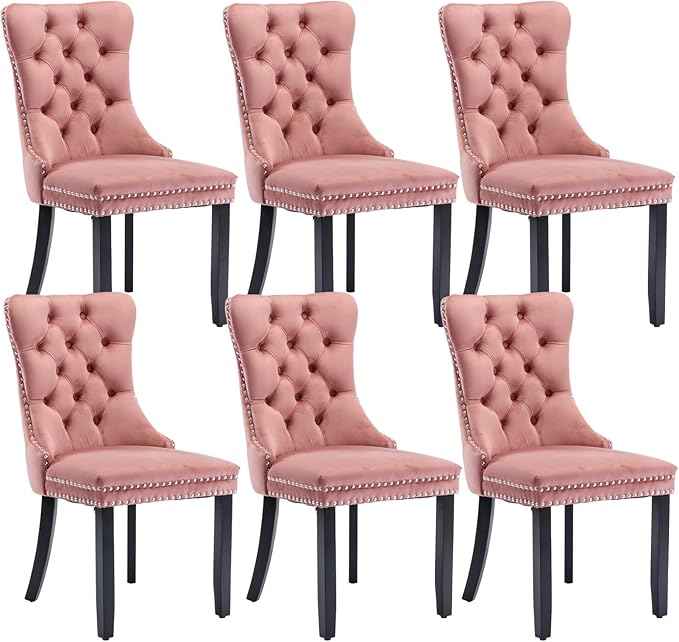 Pink Velvet Dining Chairs Set of 6, Upholstered Dining Room Chairs with Back Ring Pull Trim and Solid Wood Legs, Tufted Wingback Kitchen Chairs for Dining Room,Living Room,Kitchen(Pink)