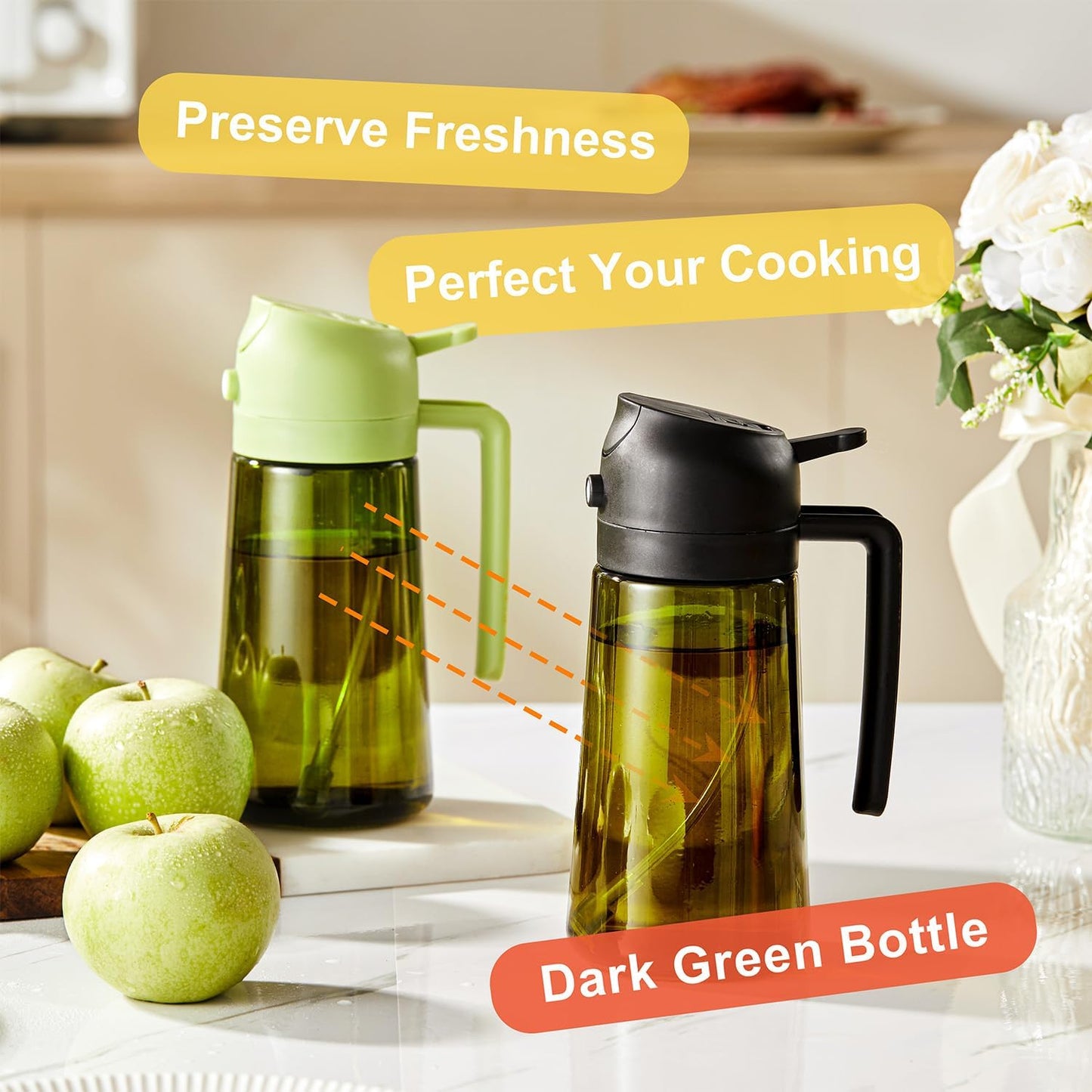 CXINYI - 16oz/470ml Olive Oil Dispenser for Kitchen with Stickers - 2 in 1 Olive Oil Sprayer for Cooking, Air Fryer, and Salad, 2 Black (Light-Proof Kitchen Gadget)