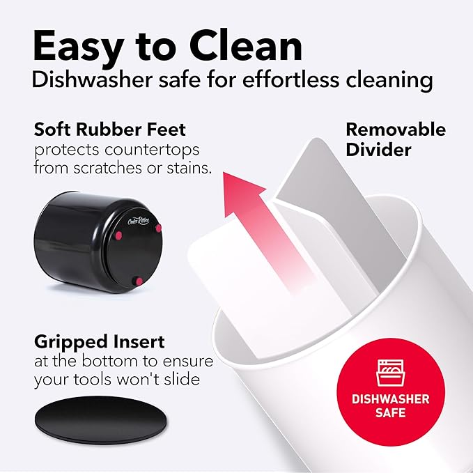 Cooler Kitchen Jumbo XL Rotating White Plastic Utensil Holder Caddy with Sturdy No-Tip Weighted Base, Removable Divider, and Gripped Insert - Dishwasher Safe Kitchen Utensil Holder for Countertop