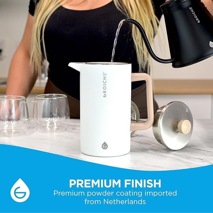 GROSCHE Dub'lin Stainless Steel Coffee Maker French Press 8 Cup | 34 FL Oz Coffee Press, 18/8 Double Walled Stainless Steel French Press Coffee Maker - Hot/Cold Brew | Stainless French Press - WHITE