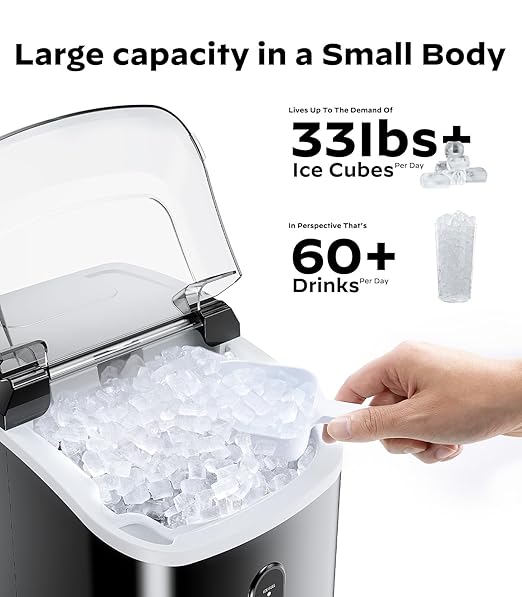 Nugget Ice Maker Countertop, Pellet Ice Machine with Self-Cleaning Function, Produces 33 lbs of Chewable Ice in 24 Hours, Sonic Ice Maker Perfect for Home Kitchens and Offices, Black