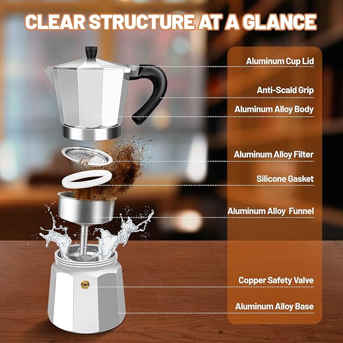 3 Cup Aluminum Espresso Stovetop Moka Pot Express Coffee Maker Percolator Italian Classic Mocha Coffee Machine for Italian and Cuban Cafe Brewing for Home & Camping 150ml 5oz