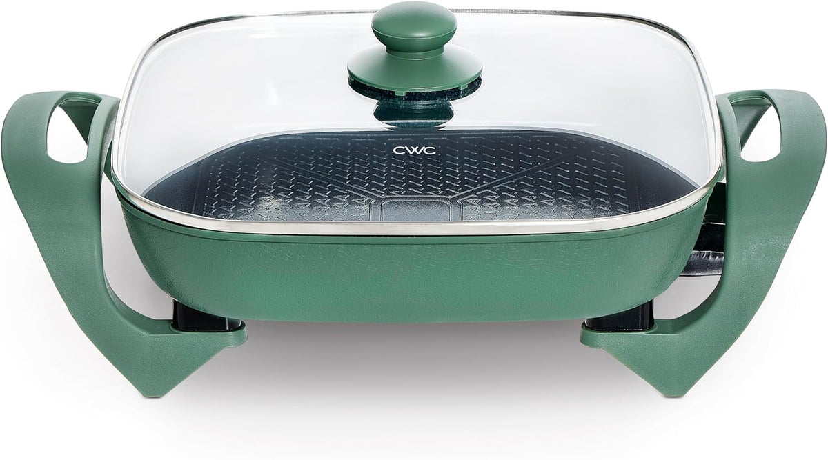 COOK WITH COLOR Electric Skillet - 12" x 12" Ceramic Nonstick Pan, PFAS-Free, 1400W, Tempered Glass Lid, Variable Temperature, Removable Heating Probe, Cool-Touch Handles, Dark Sage