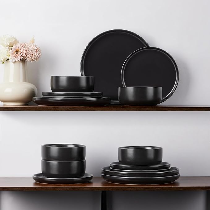 E-far Stoneware Dinnerware Sets for 2, 6-Piece Plates and Bowls Set, Modern Ceramic Dishes Dinning Ware, Microwave & Dishwasher Safe - Matte Black