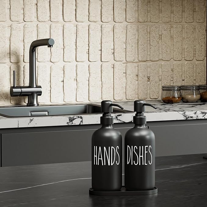 MOMEEMO Black Soap Dispenser Set, Contains Dish and Hand Soap Dispenser, Suitable for Kitchen Decor and Accessories. (Black)