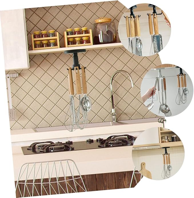 Healifty 3pcs Rotating Kitchen Hooks Utensil Hanger Set for Hanging Cooking Tools Under Cabinet Black Utility Organizer Storage